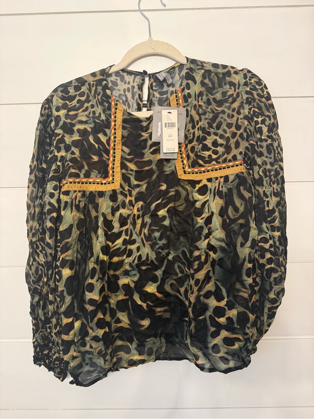 Blank NYC Olive and Black Leopard-Print Blouse with Orange Trim